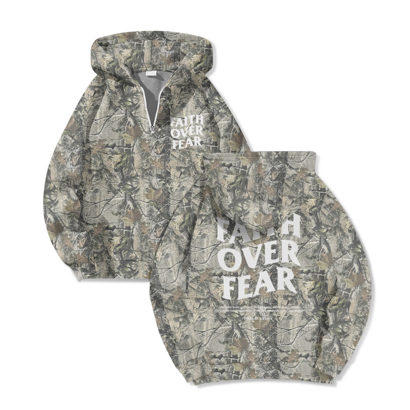 Faith Over Fear Dead Leaves Camouflage Print Half Zip Hoodie - Grey - US32-34(5XL) - image 1