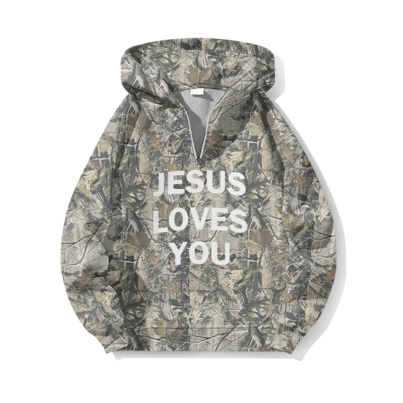 Jesus Loves You Dead Leaves Camouflage Print Half Zip Hoodie - Grey - US32-34(5XL) - image 1