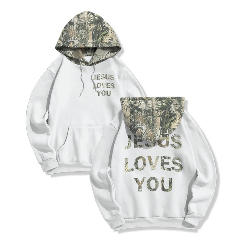 Jesus Loves You Dead Leaves Camouflage Print Hoodie - White - US28-30(4XL) - image 1