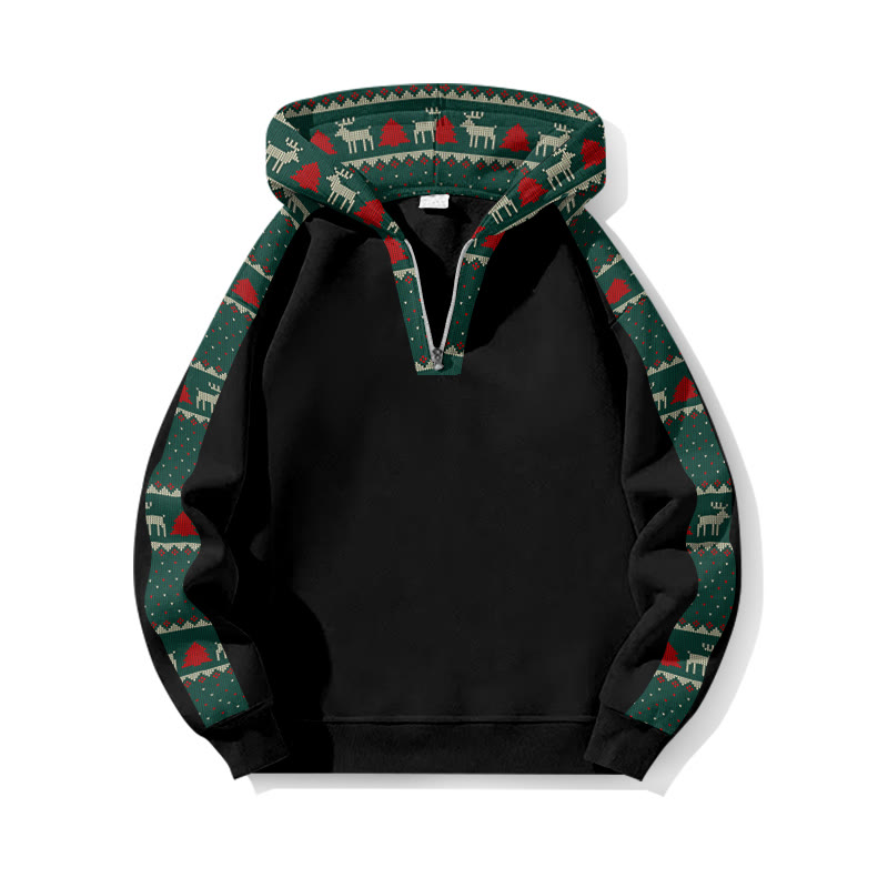 Christmas Reindeer Faux Knit Pattern Patchwork Print Half Zip Hoodie - Black - US32-34(5XL) - image 2