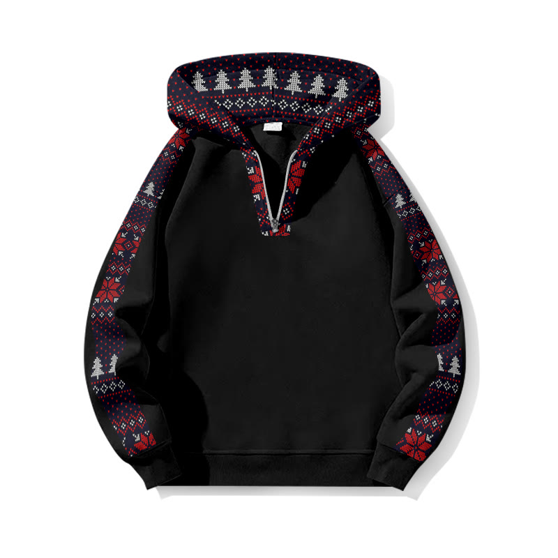 Christmas Snowflake Faux Knit Pattern Patchwork Print Half Zip Hoodie - Black - US32-34(5XL) - image 1