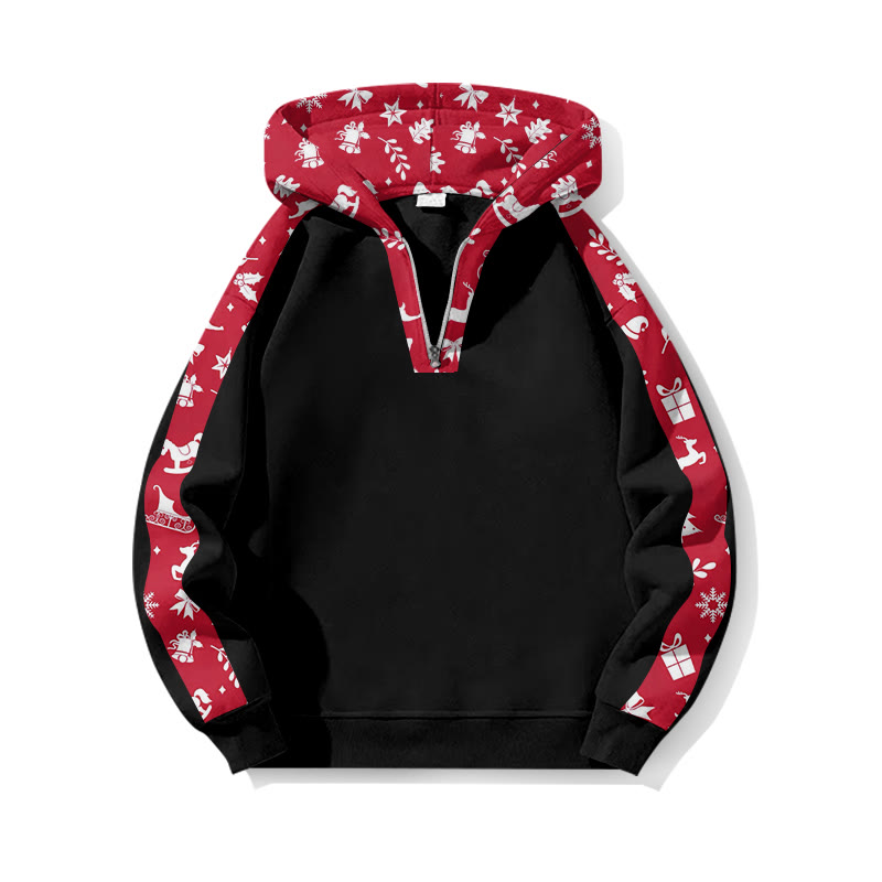 Christmas Reindeer Pattern Patchwork Print Half Zip Hoodie - Black - US32-34(5XL) - image 3