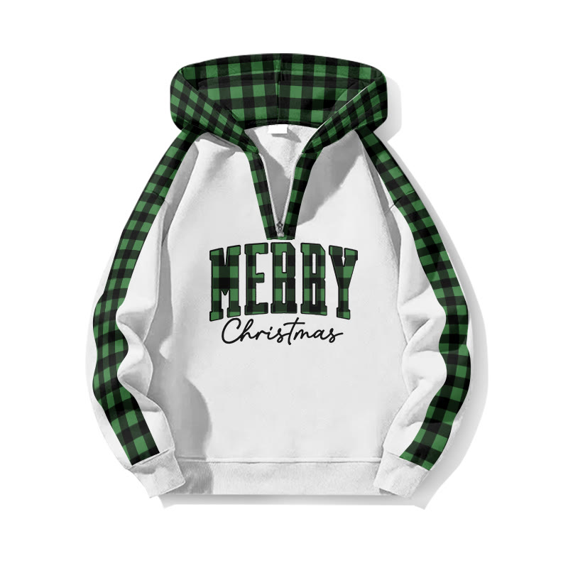 Merry Christmas Plaid Patchwork Print Half Zip Hoodie - White Green - US32-34(5XL) - image 2