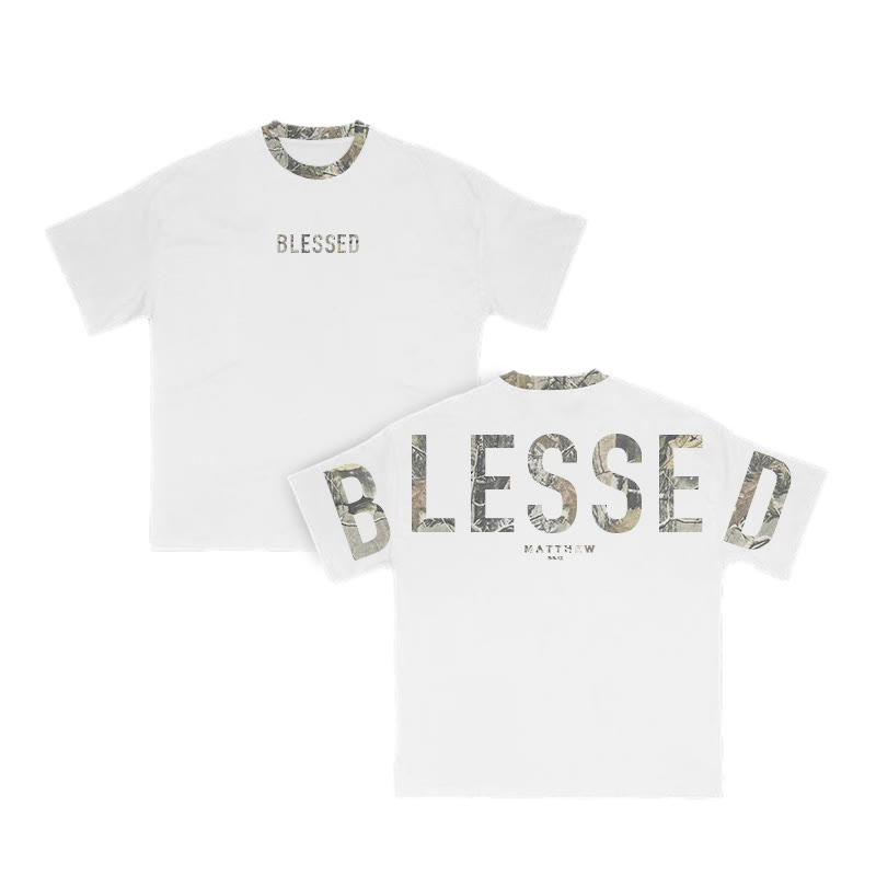 Blessed Matthew 5:3-12 Dead Leaves Camouflage Print T-shirt - White - 8XL - image 1
