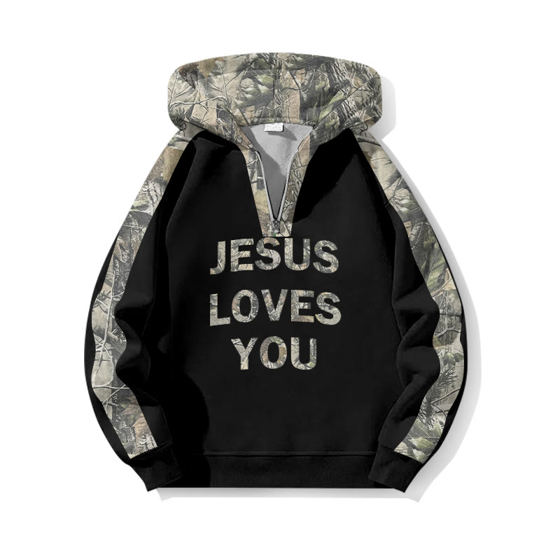 Jesus Loves You Dead Leaves Camouflage Front Print Half Zip Hoodie - Black - US32-34(5XL) - image 2