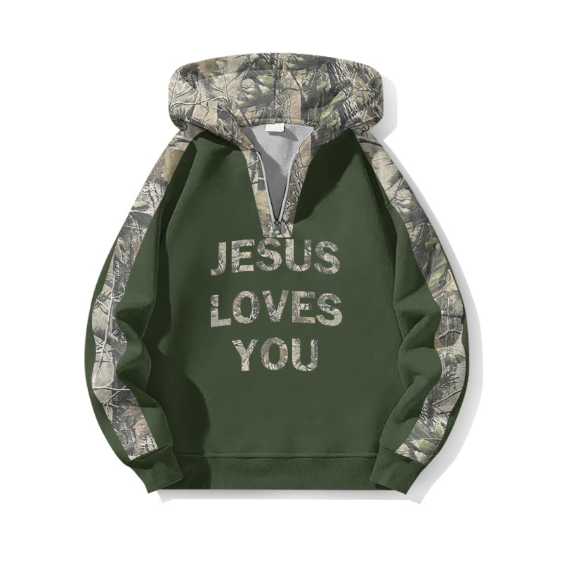 Jesus Loves You Dead Leaves Camouflage Front Print Half Zip Hoodie - Army Green - US32-34(5XL) - image 1