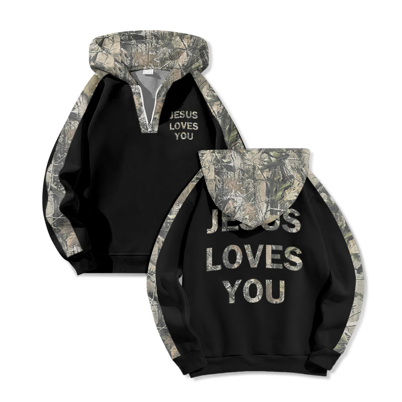 Jesus Loves You Dead Leaves Camouflage Print Half Zip Hoodie - Black - US32-34(5XL) - image 2