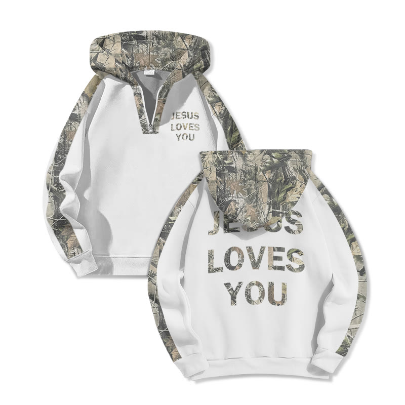 Jesus Loves You Dead Leaves Camouflage Print Half Zip Hoodie - White - US32-34(5XL) - image 1