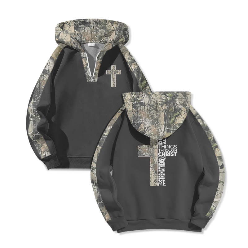 I Can Do All Things Through Christ Who Strengthens Me Dead Leaves Camouflage Print Half Zip Hoodie - Dark Grey - US32-34(5XL) - image 5