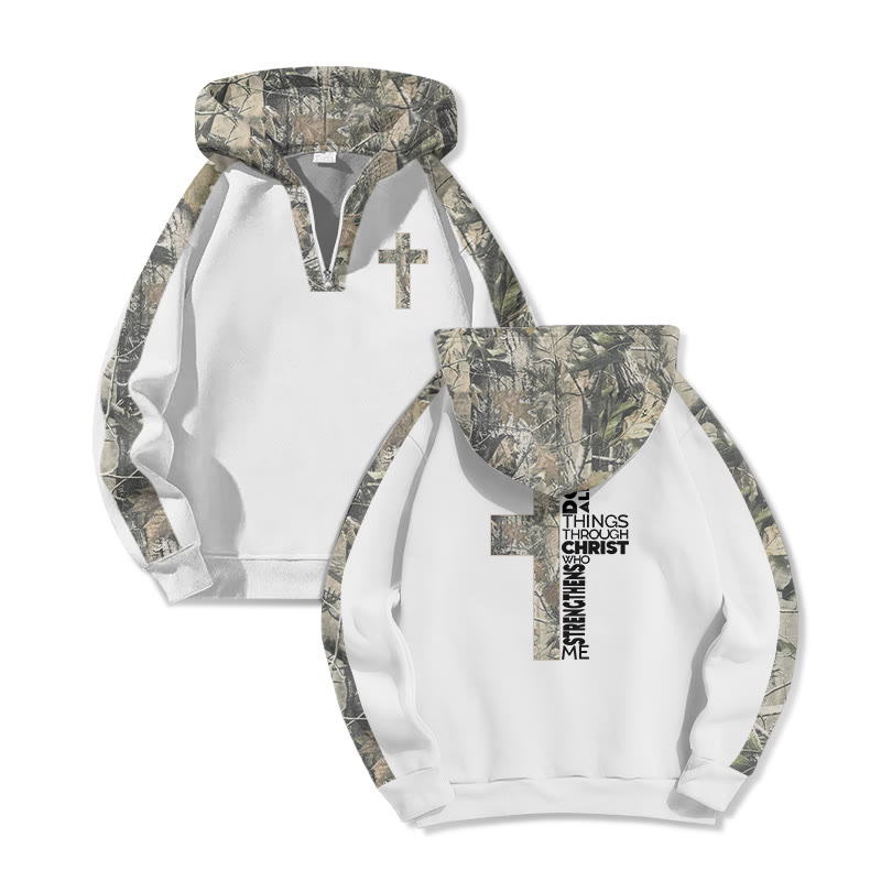 I Can Do All Things Through Christ Who Strengthens Me Dead Leaves Camouflage Print Half Zip Hoodie - White - US32-34(5XL) - image 2
