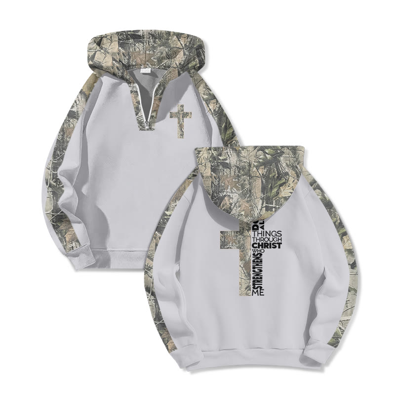 I Can Do All Things Through Christ Who Strengthens Me Dead Leaves Camouflage Print Half Zip Hoodie - Grey - US32-34(5XL) - image 3