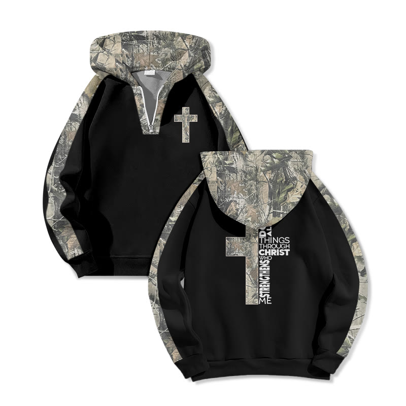 I Can Do All Things Through Christ Who Strengthens Me Dead Leaves Camouflage Print Half Zip Hoodie - Black - US32-34(5XL) - image 1