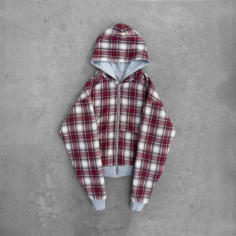 Check Patchwork Print Reversible Zip Hoodie - Red - US16-18(XL) - image 2