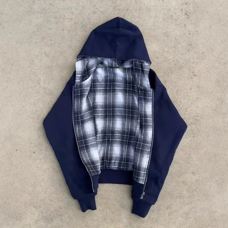 Check Patchwork Print Reversible Zip Hoodie - Navy Blue - US16-18(XL) - image 1