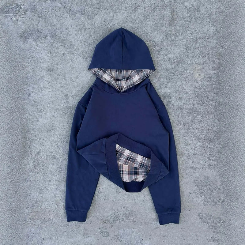 Plaid Patchwork Print Long-sleeved Hoodie - Blue - US16-18(XL) - image 2