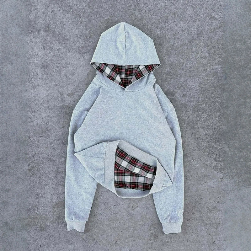 Plaid Patchwork Print Long-sleeved Hoodie - Grey - US16-18(XL) - image 1
