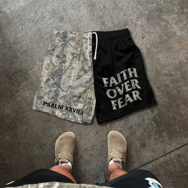 Faith Over Fear Dead Leaves Camouflage Asymmetrical Print Mesh Shorts - Black - 5XL - image 1