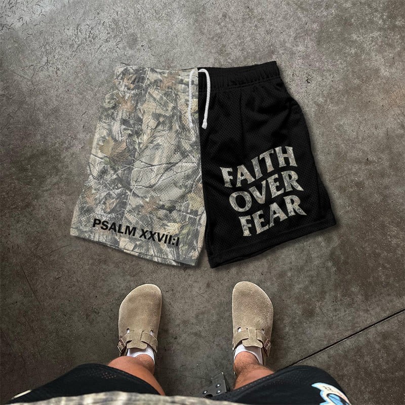 Faith Over Fear Dead Leaves Camouflage Asymmetrical Print Mesh Shorts - Black - 5XL - image 1
