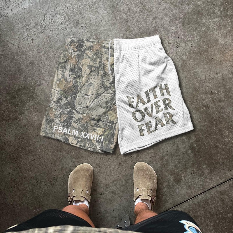 Faith Over Fear Dead Leaves Camouflage Asymmetrical Print Mesh Shorts - White - 5XL - image 2