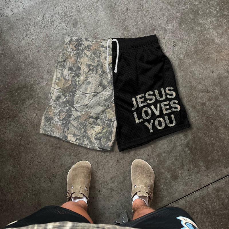 Jesus Loves You Dead Leaves Camouflage Asymmetrical Print Mesh Shorts - Black - 5XL - image 2