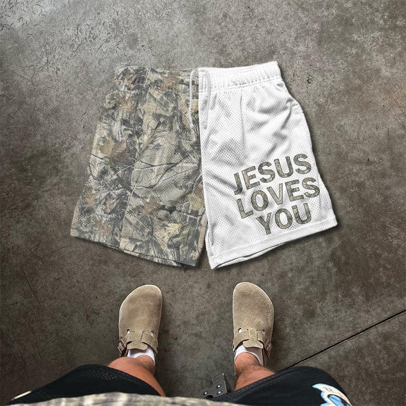 Jesus Loves You Dead Leaves Camouflage Asymmetrical Print Mesh Shorts - White - 5XL - image 3