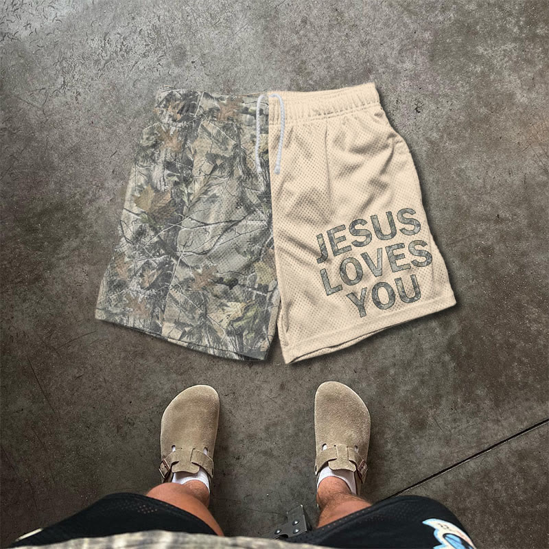 Jesus Loves You Dead Leaves Camouflage Asymmetrical Print Mesh Shorts - Apricot - 5XL - image 1