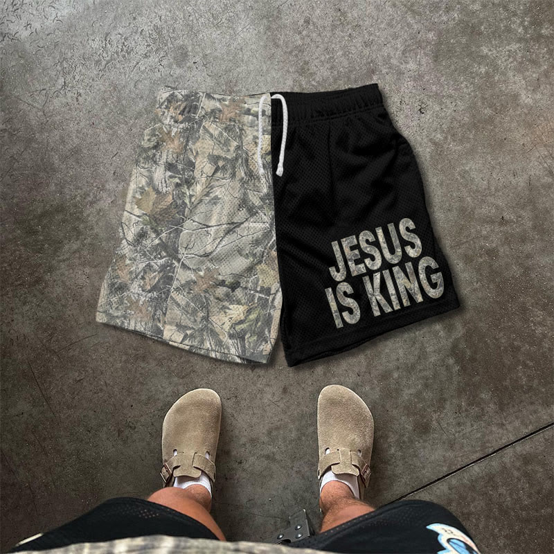 Jesus Is King Dead Leaves Camouflage Asymmetrical Print Mesh Shorts - Black - 5XL - image 1