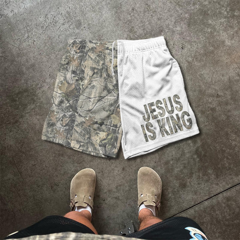 Jesus Is King Dead Leaves Camouflage Asymmetrical Print Mesh Shorts - White - 5XL - image 3