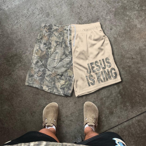 Jesus Is King Dead Leaves Camouflage Asymmetrical Print Mesh Shorts - Apricot - 5XL - image 2