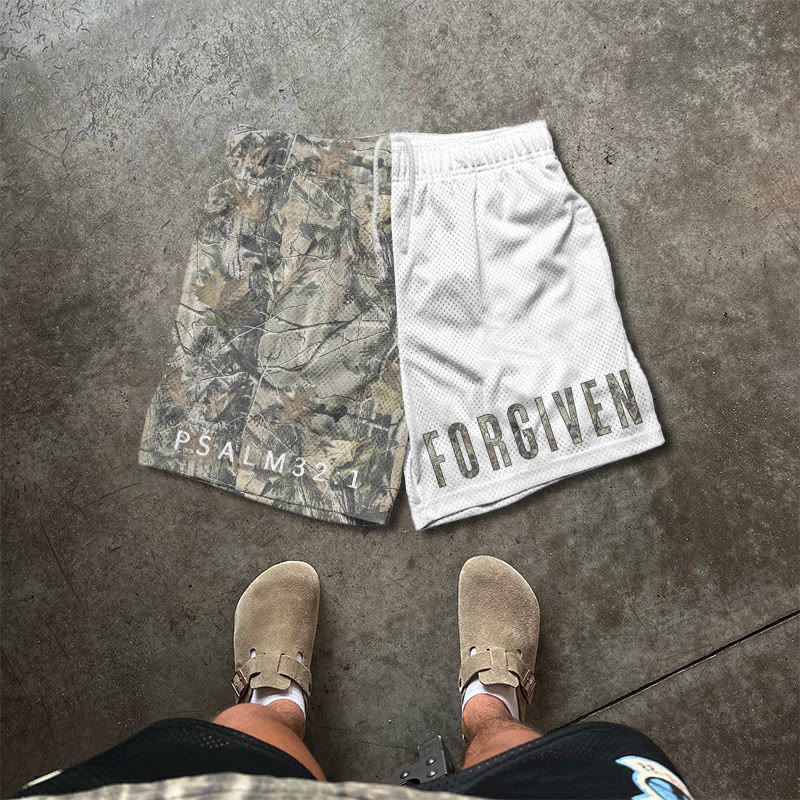 Forgiven Psalm 32:1 Dead Leaves Camouflage Asymmetrical Print Mesh Shorts - White - 5XL - image 1