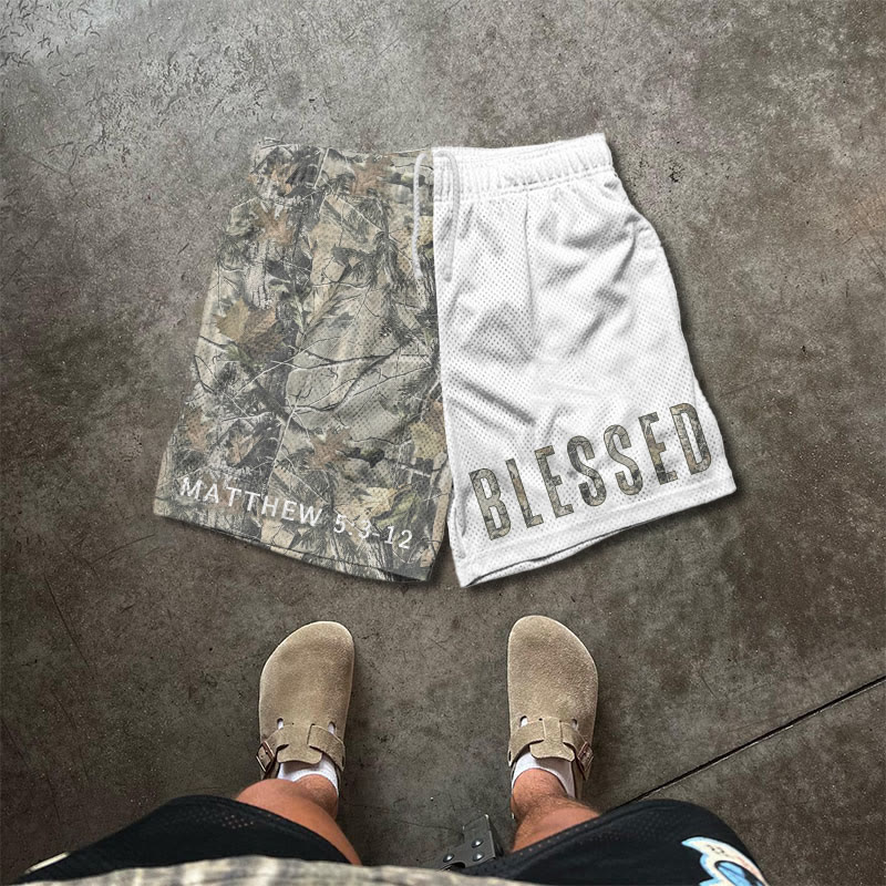 Blessed Matthew 5:3-12 Dead Leaves Camouflage Asymmetrical Print Mesh Shorts - White - 5XL - image 2