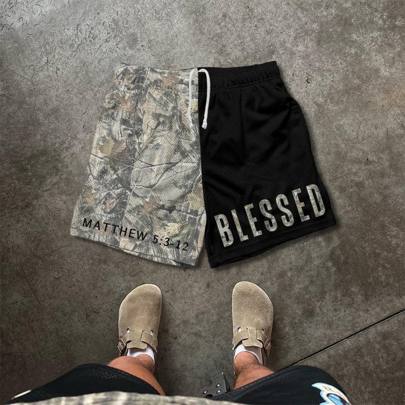 Blessed Matthew 5:3-12 Dead Leaves Camouflage Asymmetrical Print Mesh Shorts - Black - 5XL - image 1
