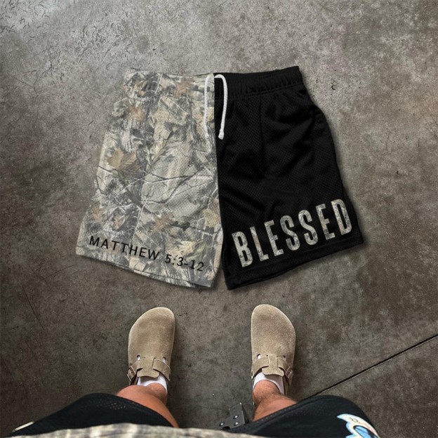 Blessed Matthew 5:3-12 Dead Leaves Camouflage Asymmetrical Print Mesh Shorts - Black - 5XL - image 1