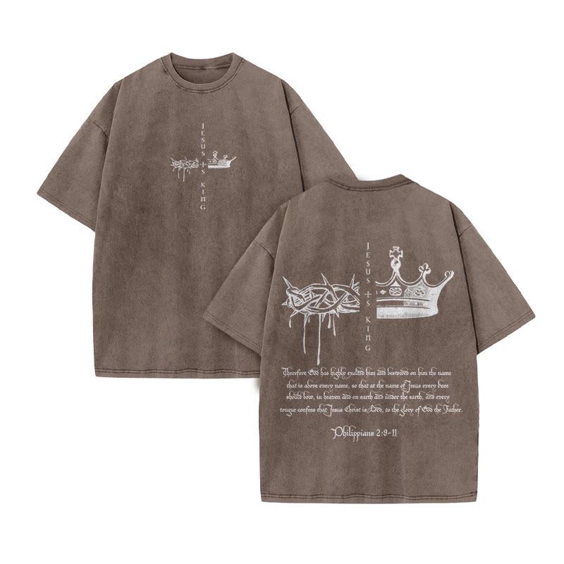 Unisex 100% Cotton JESUS IS KING Print Acid Washed T-shirt - Coffee - US20-22(3XL) - image 6