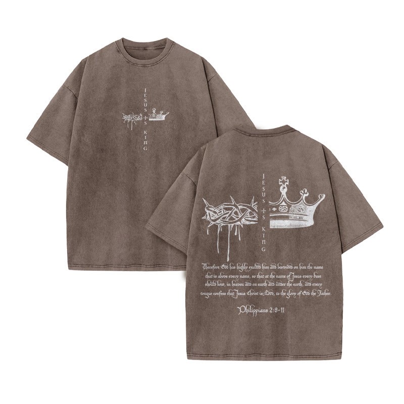 Unisex 100% Cotton JESUS IS KING Print Acid Washed T-shirt - Coffee - US20-22(3XL) - image 6