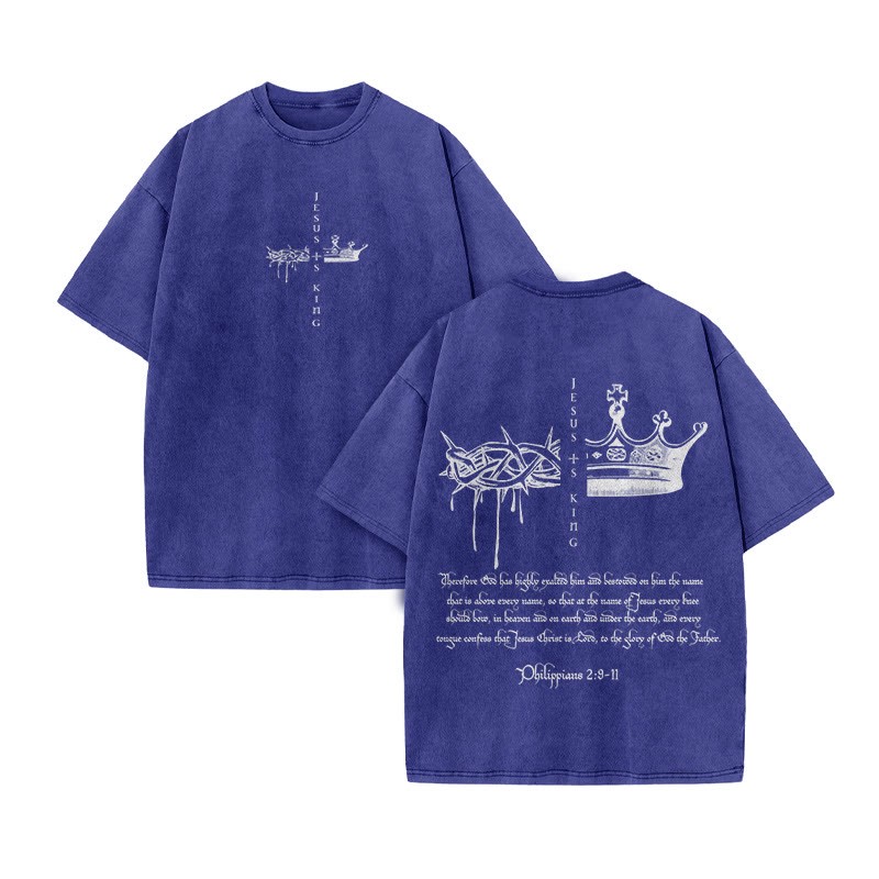 Unisex 100% Cotton JESUS IS KING Print Acid Washed T-shirt - Blue - US20-22(3XL) - image 5