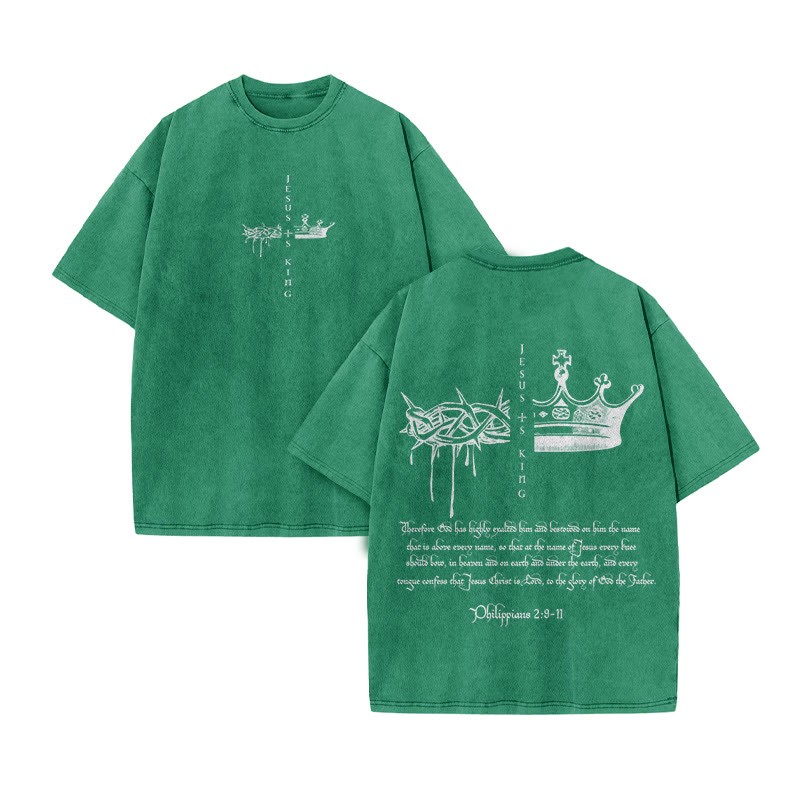 Unisex 100% Cotton JESUS IS KING Print Acid Washed T-shirt - Green - US20-22(3XL) - image 9