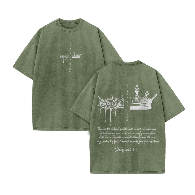Unisex 100% Cotton JESUS IS KING Print Acid Washed T-shirt - Army Green - US20-22(3XL) - image 8