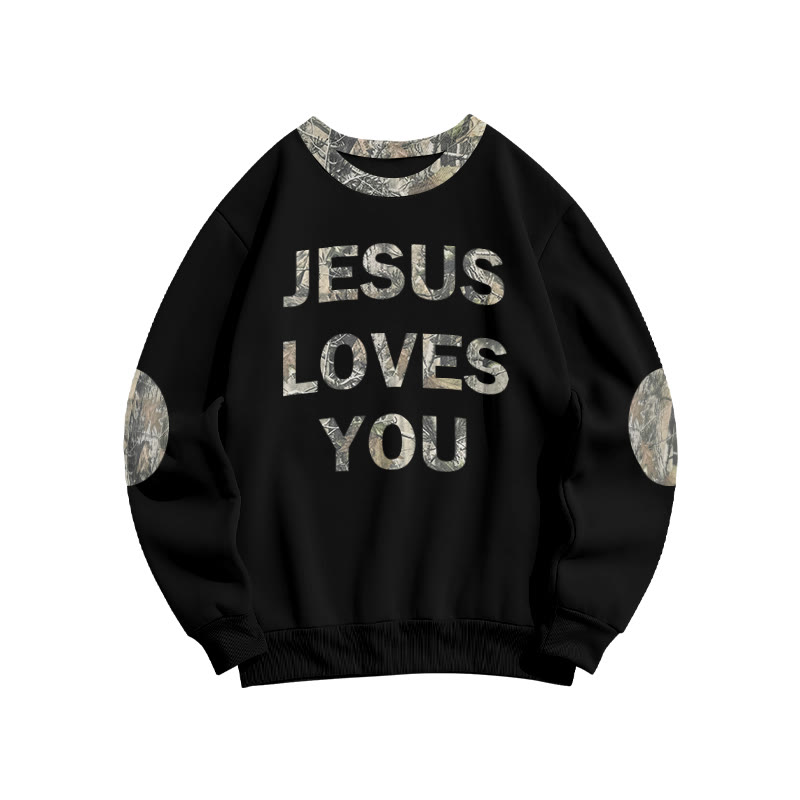 Jesus Loves You Dead Leaves Camouflage Front Print Sweatshirt - Black - 6XL - image 2