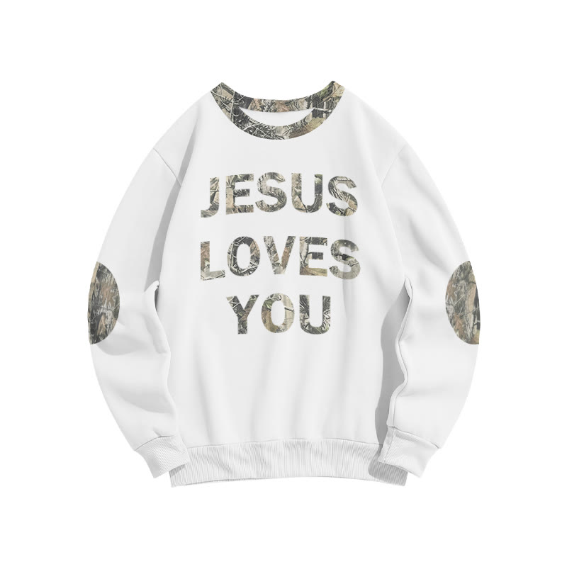 Jesus Loves You Dead Leaves Camouflage Front Print Sweatshirt - White - 6XL - image 1