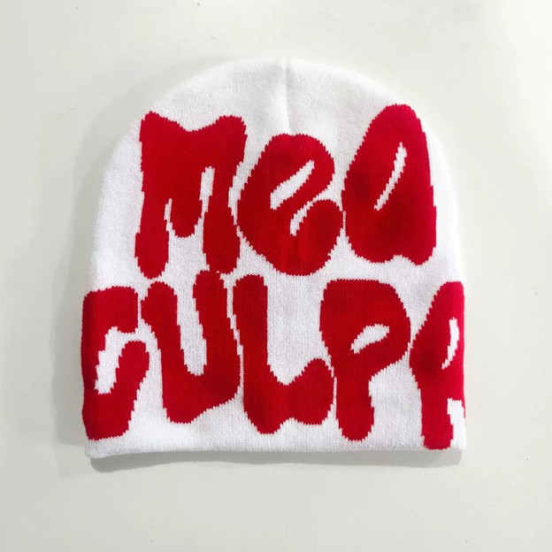 Mea Culpa Pattern Knit Hat - White Red - one size - image 5