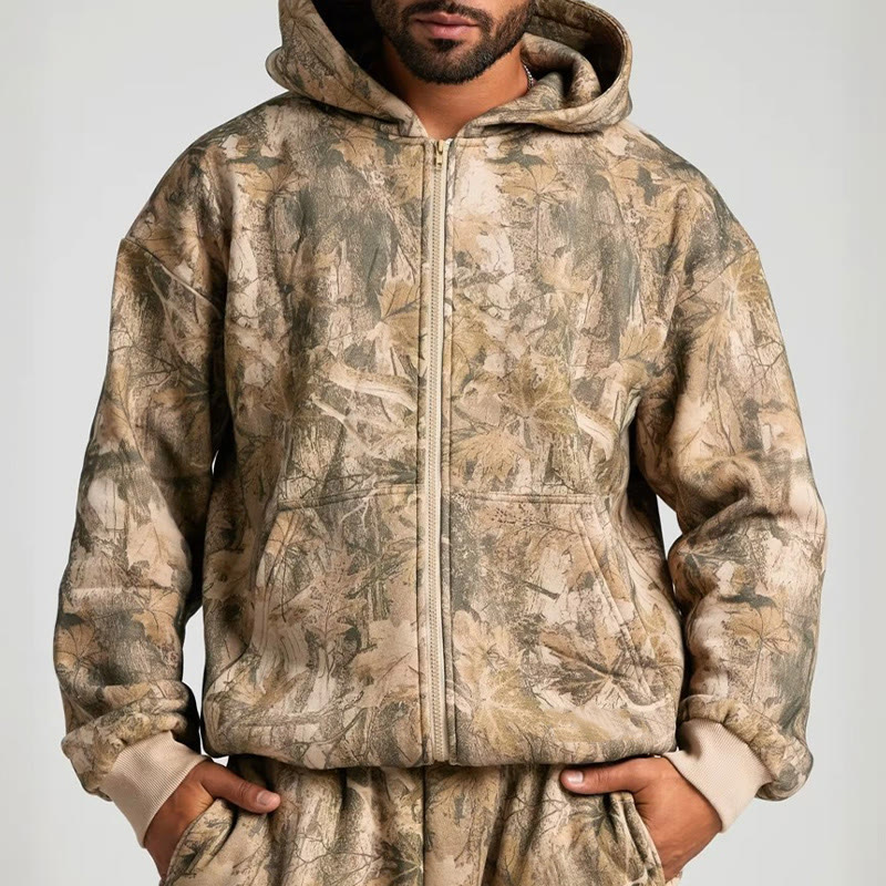 Dead Leaves Camouflage Print Long Sleeve Zipper Hoodie - Brown - US28-30(4XL) - image 2