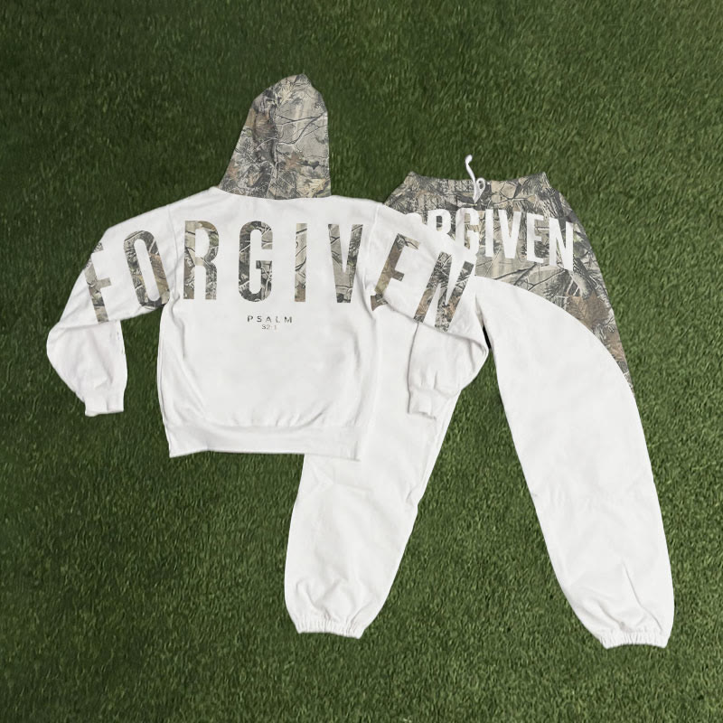 Forgiven Dead Leaves Camouflage Print Hoodie Set - White - 8XL - image 2