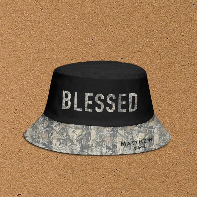 Blessed Matthew 5:3-12 Dead Leaves Camouflage Patchwork Print Bucket Hat - Black - XL(62cm) - image 2