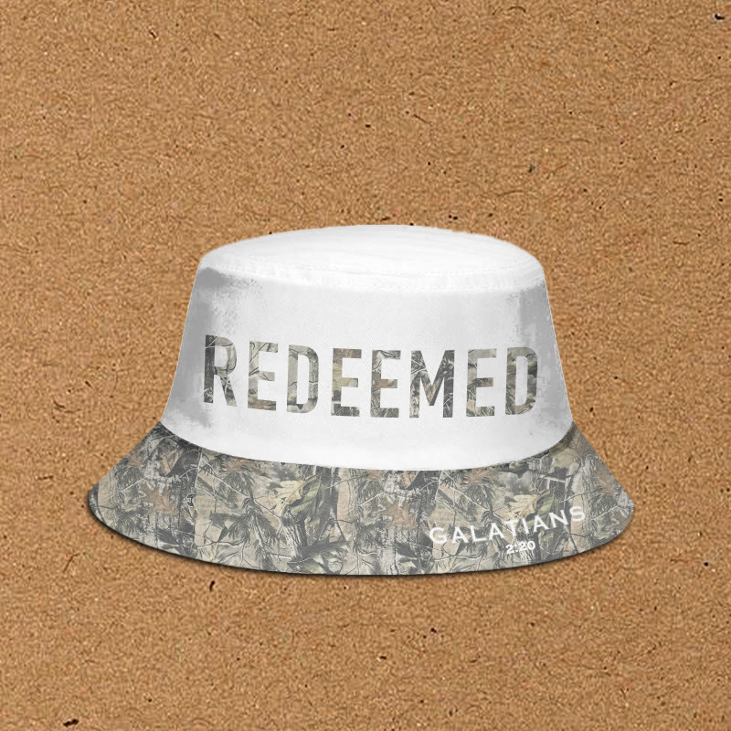 Redeemed Galatians 2:20 Dead Leaves Camouflage Patchwork Print Bucket Hat - White - XL(62cm) - image 1