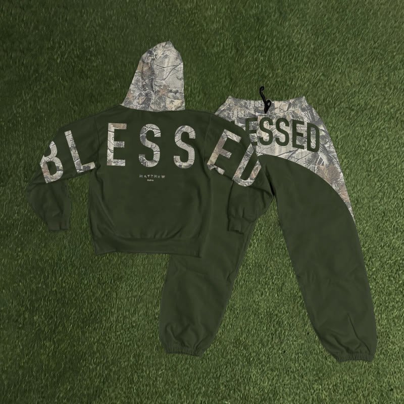 Blessed Dead Leaves Camouflage Print Hoodie Set - Army Green - 8XL - image 1