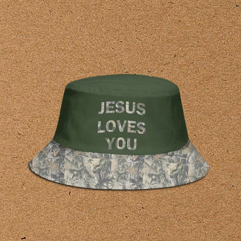 Jesus Loves You Dead Leaves Camouflage Patchwork Print Bucket Hat - Army Green - XL(62cm) - image 2