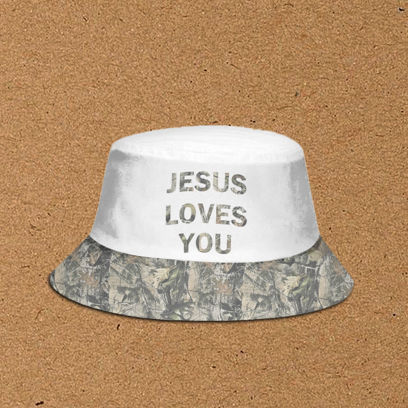 Jesus Loves You Dead Leaves Camouflage Patchwork Print Bucket Hat - White - XL(62cm) - image 1