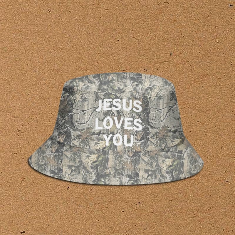 Jesus Loves You Dead Leaves Camouflage Print Bucket Hat - Green - XL(62cm) - image 1