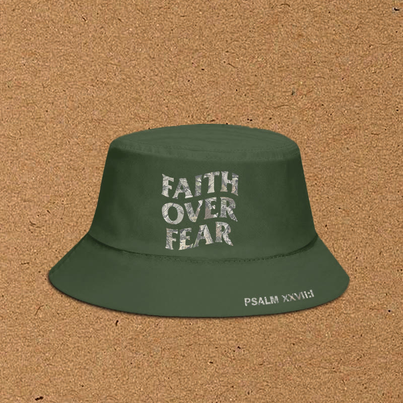 Dead Leaves Camouflage Faith Over Fear Print Bucket Hat - Army Green - XL(62cm) - image 1